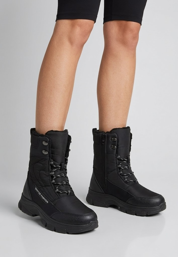 Falio women's black softshell snow boots with fleece lining, front laces, side zipper, and thick foam sole.
