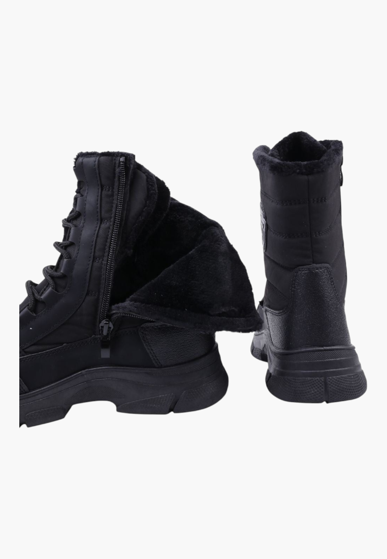 Falio black softshell snow boots with fleece lining, side zipper, and thick platform sole for winter comfort.