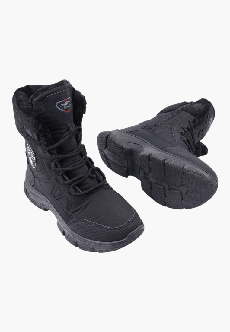 Falio black softshell women's snow boots with fleece lining, side zipper, and durable trekking sole for winter hiking.