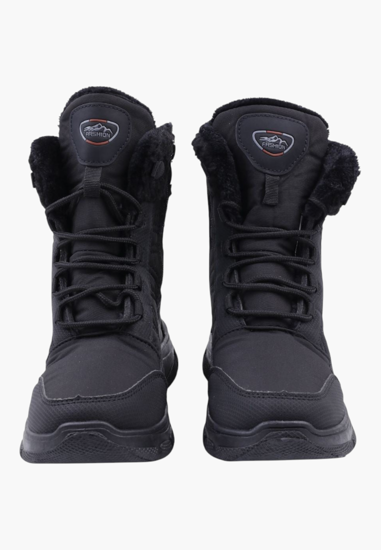 Falio black softshell women's snow boots with fleece lining, front laces, side zipper, and warm collar.