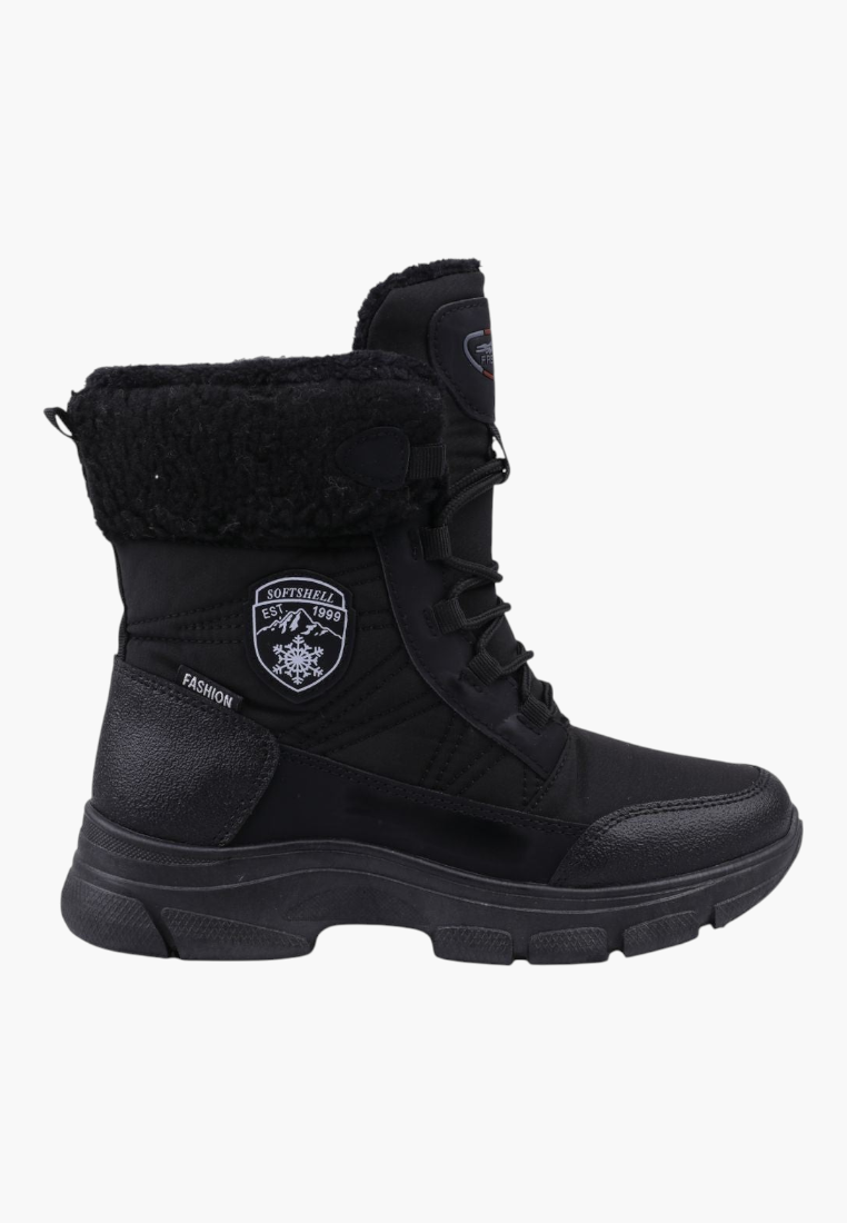 Falio black softshell women's snow boots with faux fur collar, lace-up front, side zipper, and trekking sole.