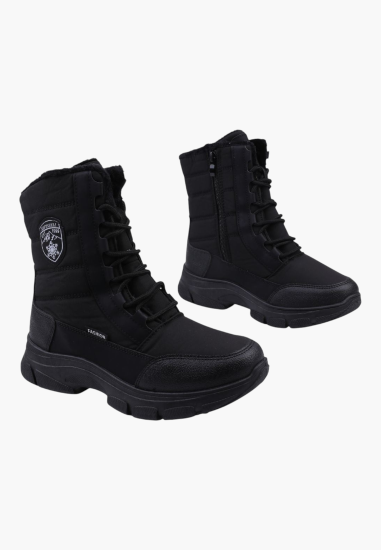 Falio black insulated softshell snow boots for women with lace-up front, side zipper, and thick platform sole.