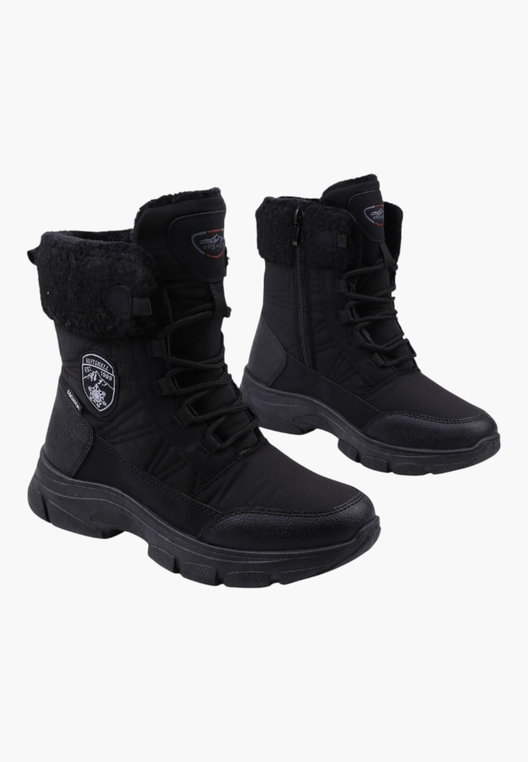 Falio women's black softshell snow boots with faux fur collar, side zippers, and durable trekking soles.