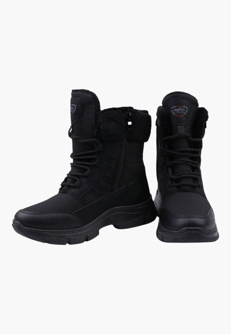 Falio black softshell women's winter snow boots with fleece lining, side zipper, and trekking sole
