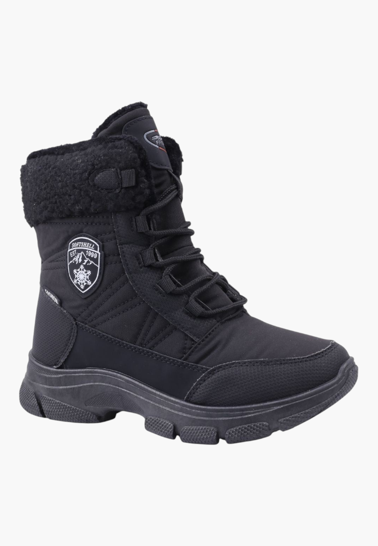 Falio black softshell women's snow boots with fleece lining, side zipper, and durable trekking sole.