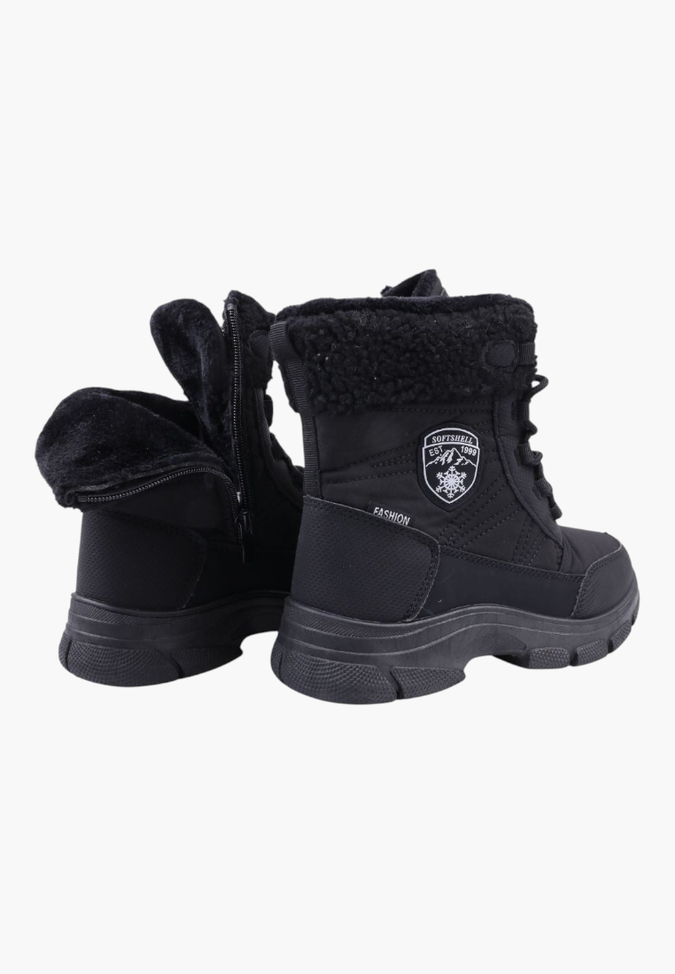Falio women's black softshell snow boots with side zipper, fleece lining, and trekking sole for winter hiking