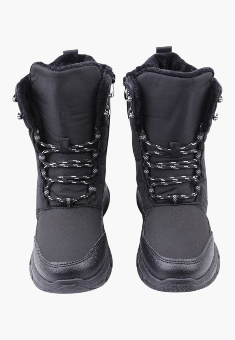Falio black softshell snow boots with fleece lining, front laces, side zippers, and thick foam soles.