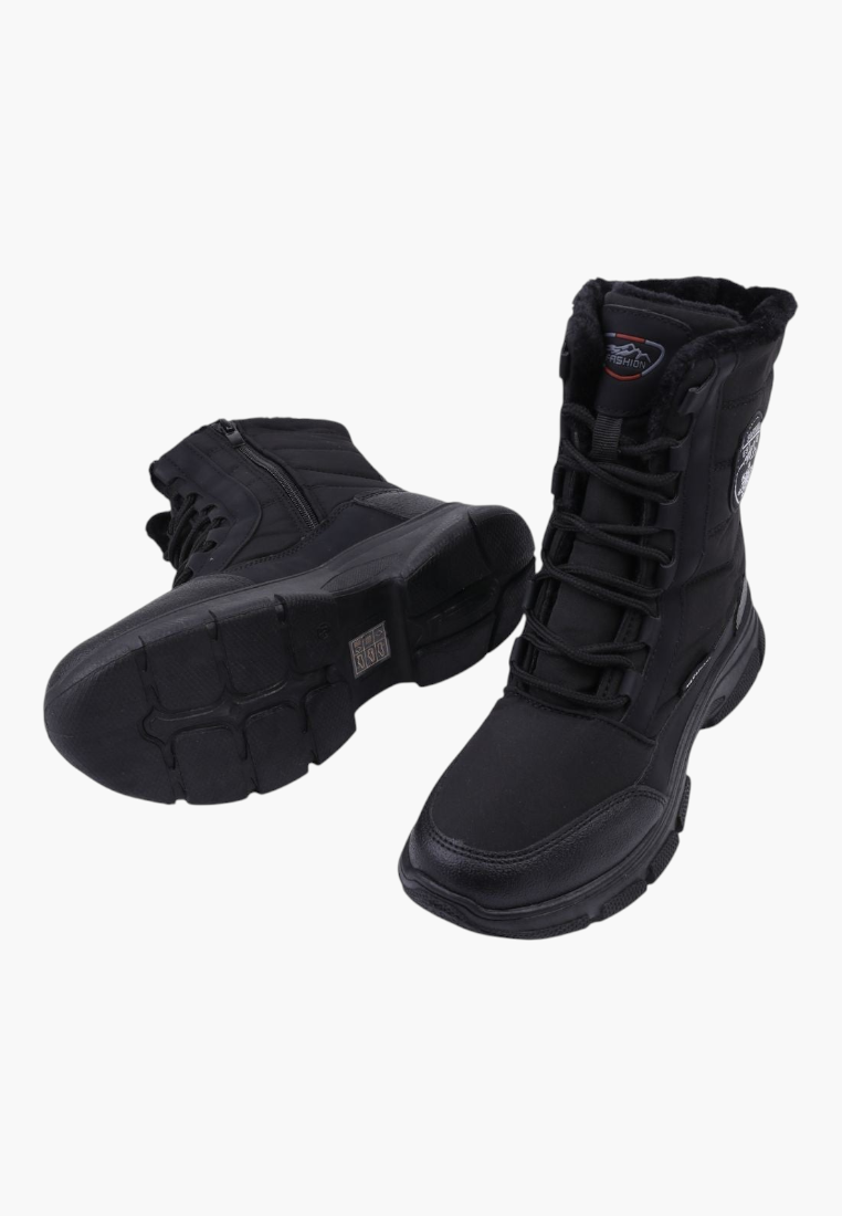 Falio black softshell women's snow boots with lace-up front, side zipper, and thick insulated sole