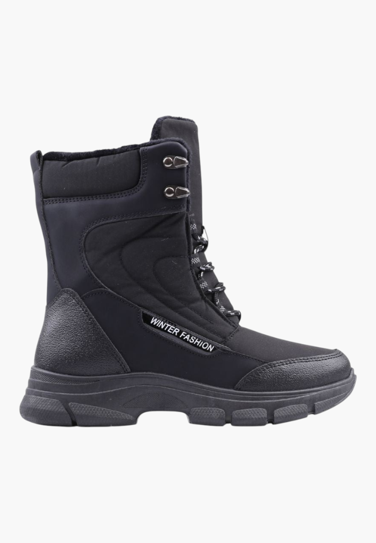 Falio women's black softshell winter boots with thick foam sole, lace-up front, side zipper, and fleece lining.
