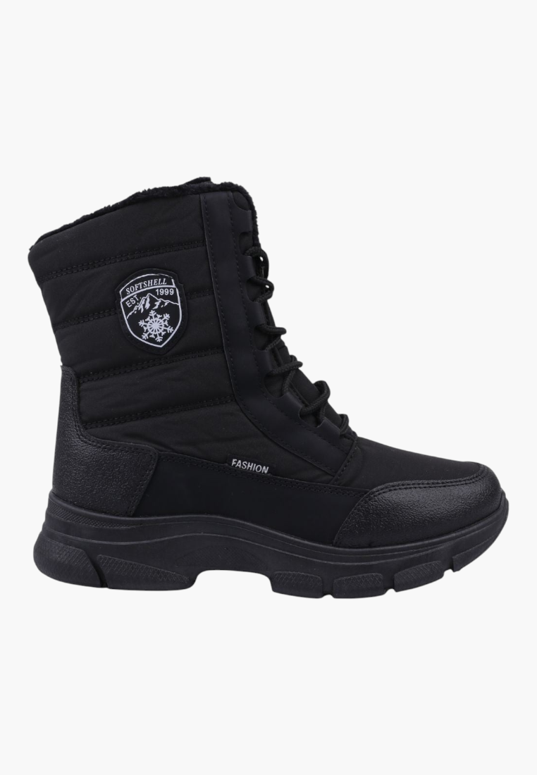Falio women's black softshell winter boots with quilted high-top, lace-up front, and thick insulated sole.
