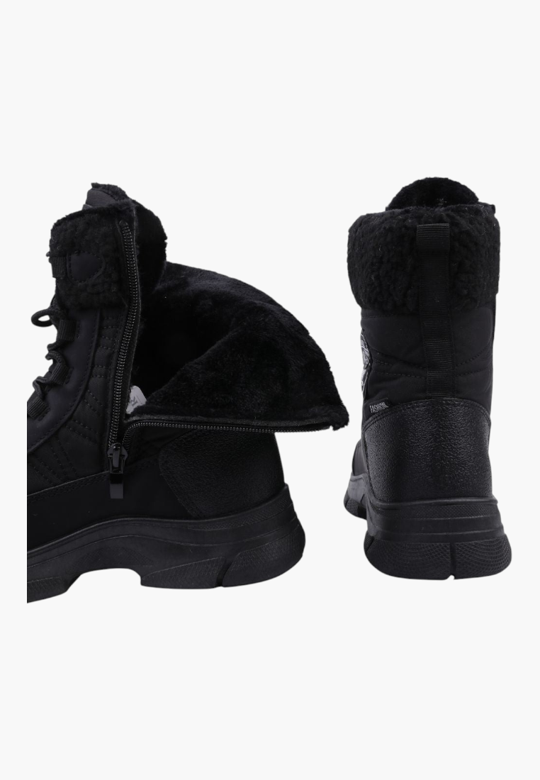 Falio black softshell women's winter boots with side zippers, faux fur lining, and rugged trekking soles.