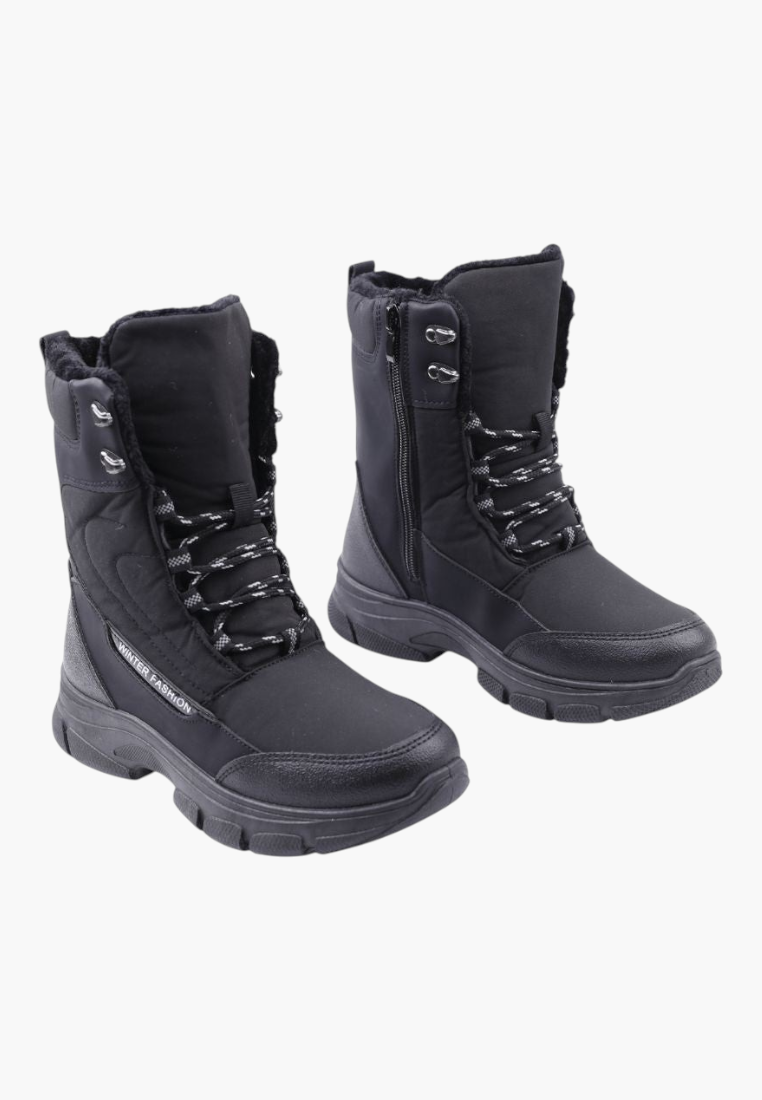 Falio women's black softshell winter boots with fleece lining, front laces, side zipper, and thick foam sole.
