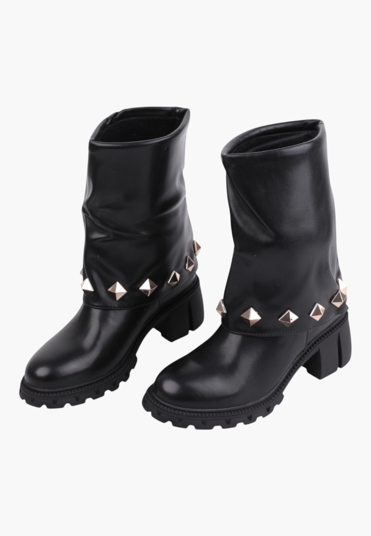 Falio black ankle boots with gold pyramid studs and chunky lug soles for autumn and winter wear.