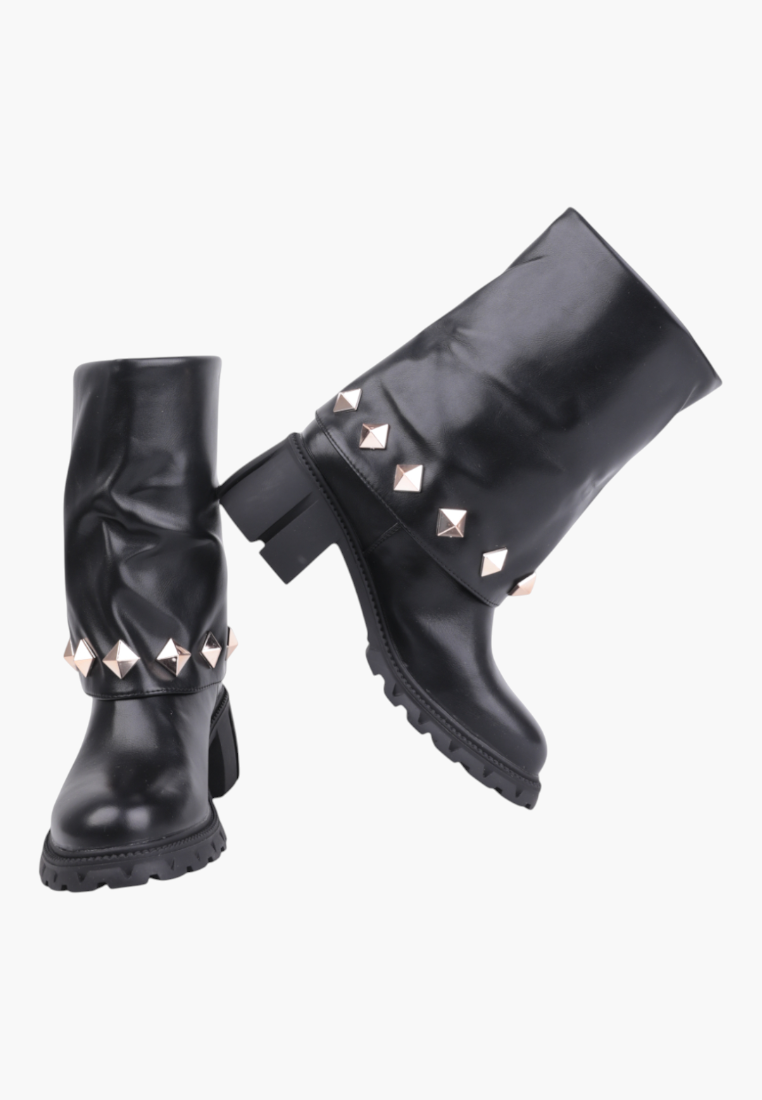 Falio black leather mid-calf boots featuring gold pyramid stud embellishments and a chunky block heel.