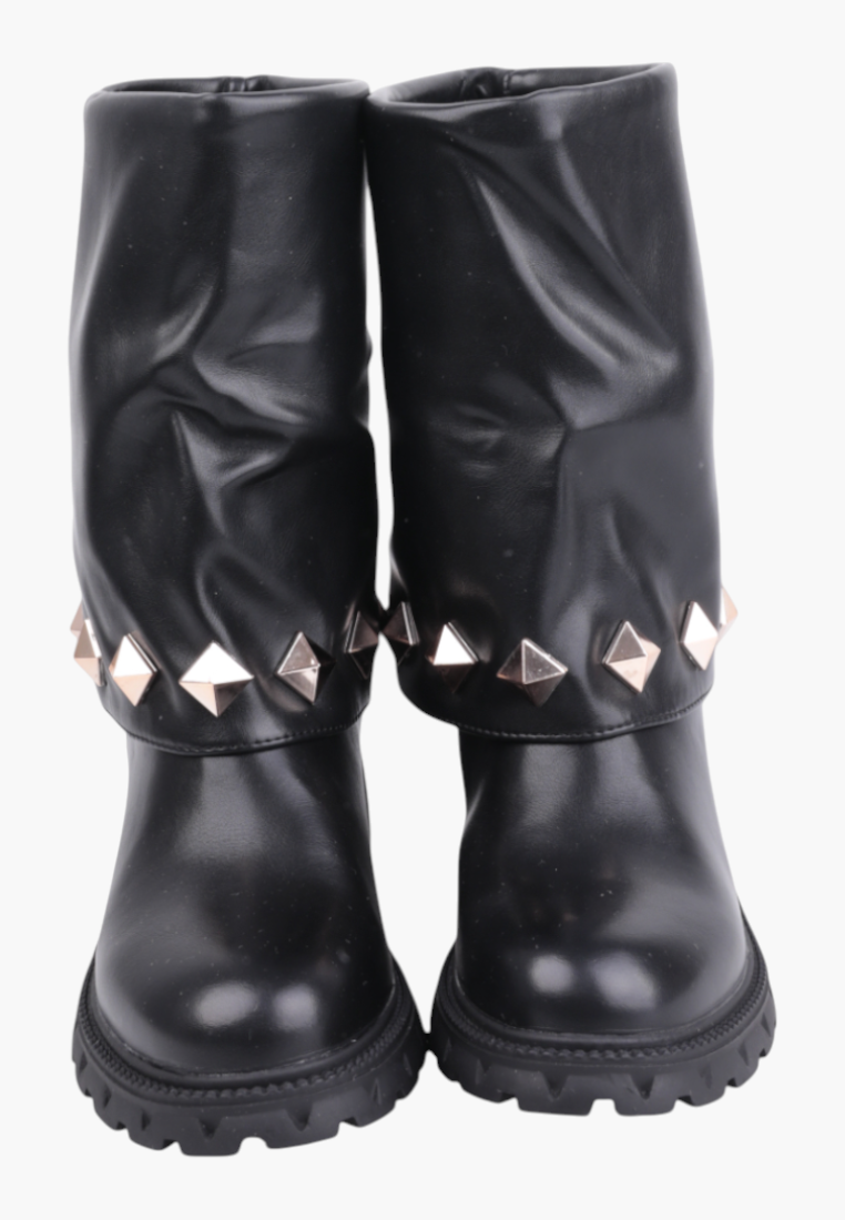Falio black mid-calf boots featuring a slouchy shaft and metallic pyramid stud embellishments on a chunky lug sole