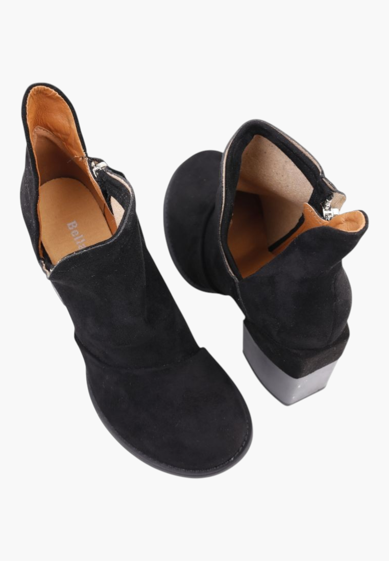 Falio black suede ankle boots with a stable block heel and side zipper closure for a stylish autumn look.