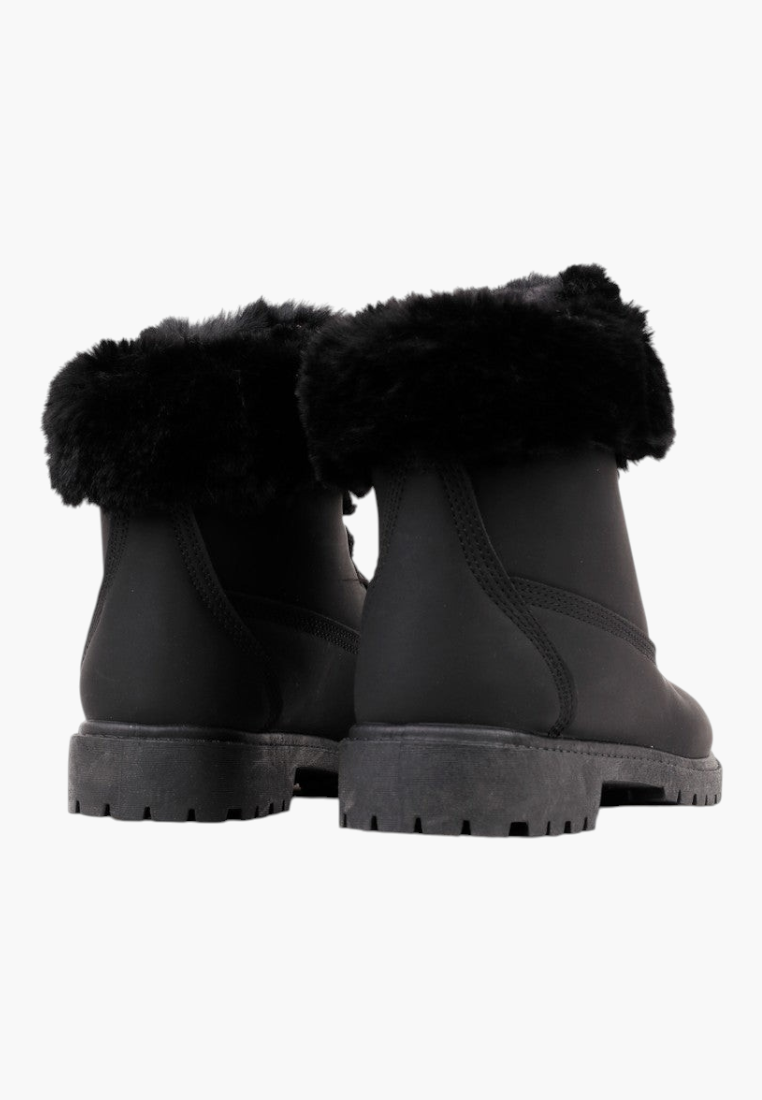 Falio black synthetic nubuck ankle boots with faux fur trim and flat lug soles, rear view