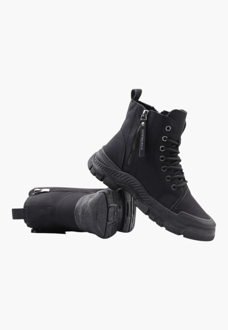 Falio black synthetic nubuck lace-up ankle boots with chunky lug soles and side zipper detail