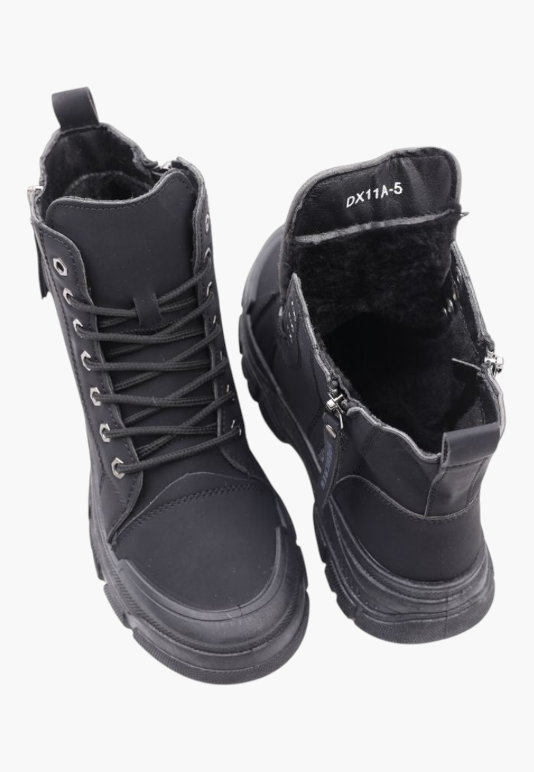Falio black synthetic nubuck lace-up ankle boots with thick lug soles and warm lining