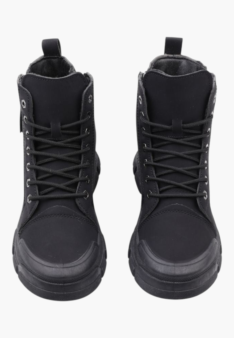 Falio black synthetic nubuck lace-up ankle boots with a chunky lug sole and round toe design.
