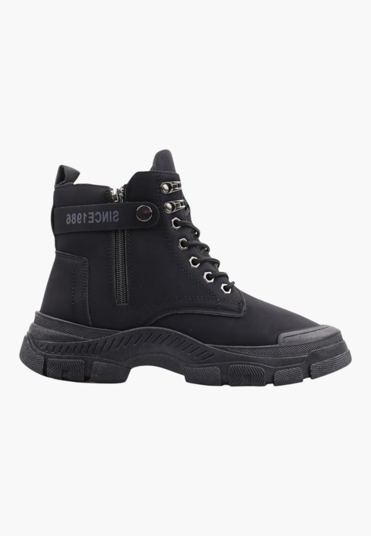 Falio black synthetic nubuck lace-up ankle boots with thick lug soles and side zipper detail