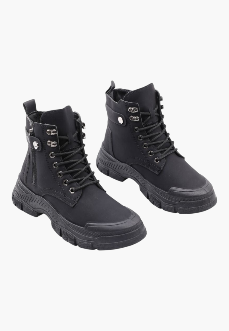 Falio black synthetic nubuck lace-up ankle boots with thick lug soles and side zippers for women