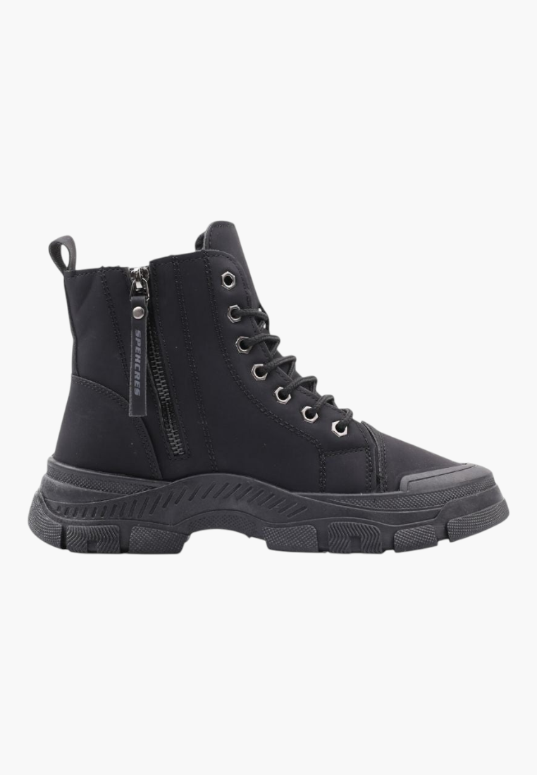 Falio black synthetic nubuck lace-up ankle boots with a chunky lug sole and side zipper detail.