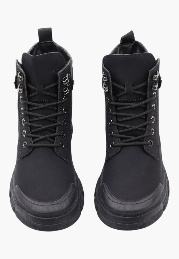 Falio black synthetic nubuck lace-up ankle boots with thick lug soles and reinforced toe caps