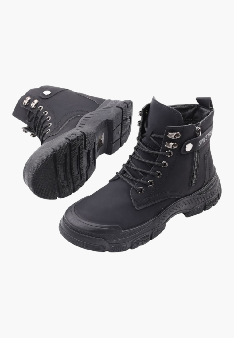 Falio black synthetic nubuck lace-up ankle boots with thick lug soles and side zippers