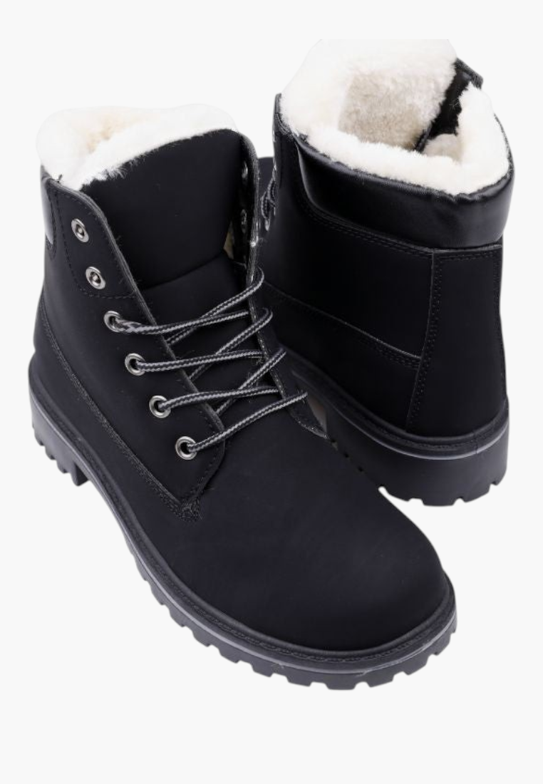 Falio women's black synthetic nubuck winter boots with faux fur lining, lace-up front, and thick lug sole