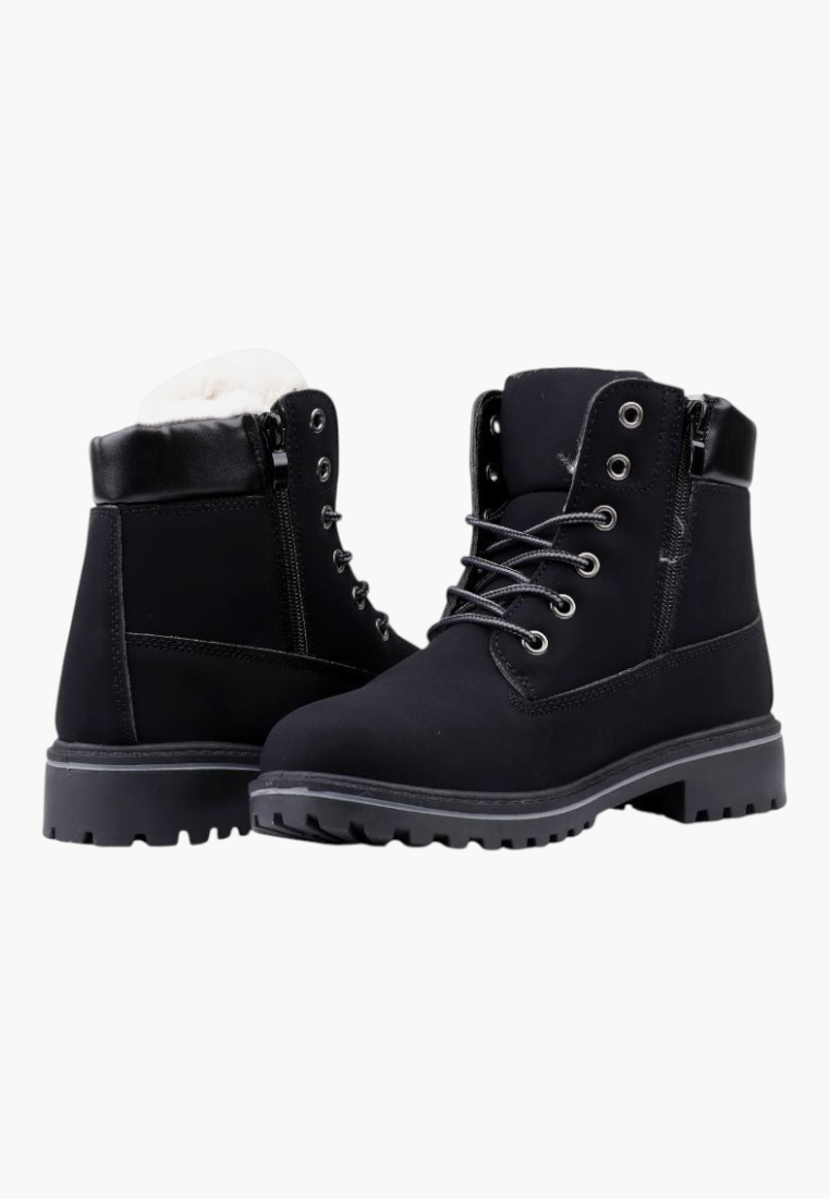 Falio women's black synthetic nubuck winter boots with faux fur lining, lace-up front, side zipper, and thick sole.