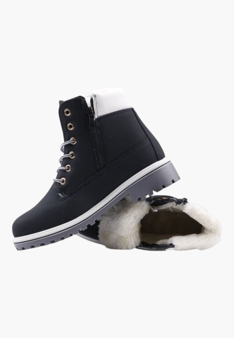 Falio black synthetic nubuck winter boots with white faux fur lining, thick treaded sole, and side zipper closure.
