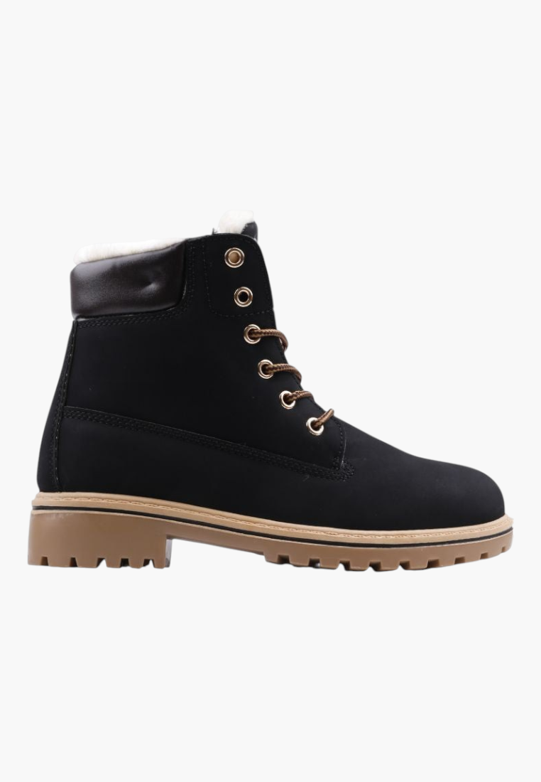 Falio black synthetic nubuck winter ankle boots with faux fur lining, lace-up closure, and thick lug sole.