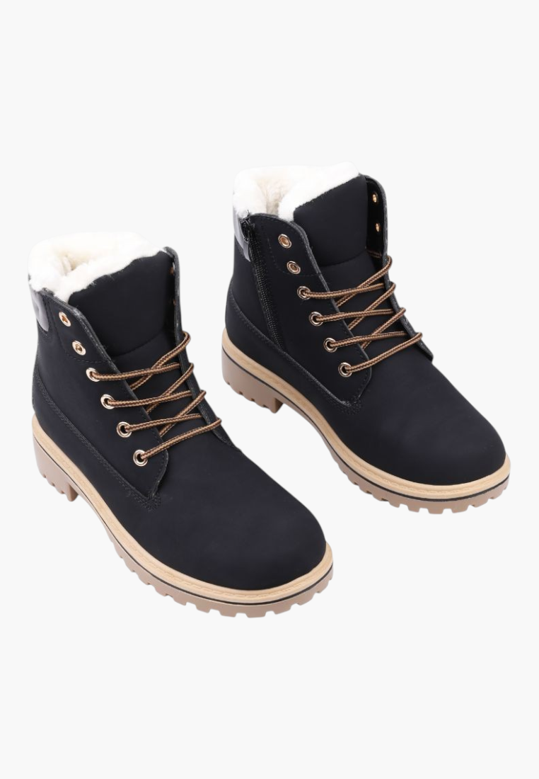 Falio women's black synthetic nubuck winter boots with faux fur lining, lace-up front, and thick lug sole