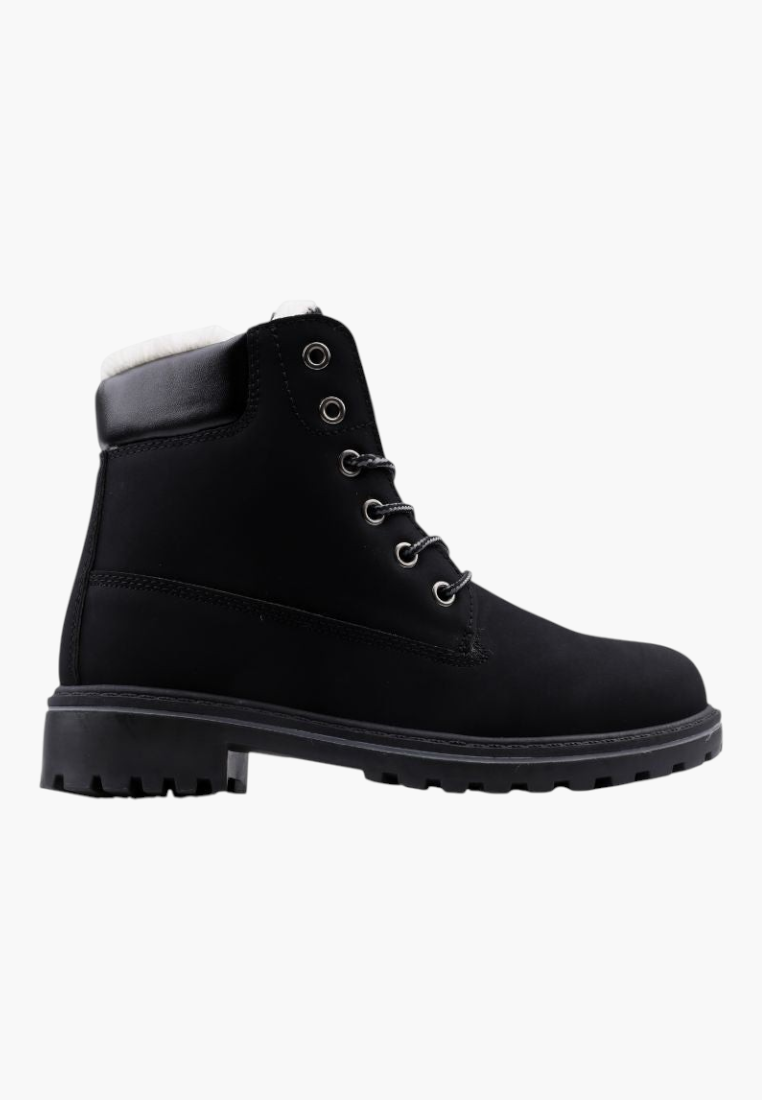 Falio women's black synthetic nubuck winter boots with faux fur lining, lace-up closure, and thick lug sole.