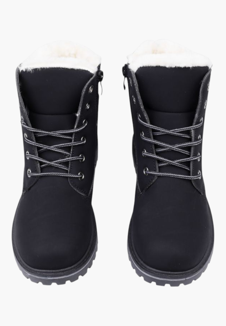 Falio black synthetic nubuck winter boots with faux fur lining, lace-up front, and thick lug sole.