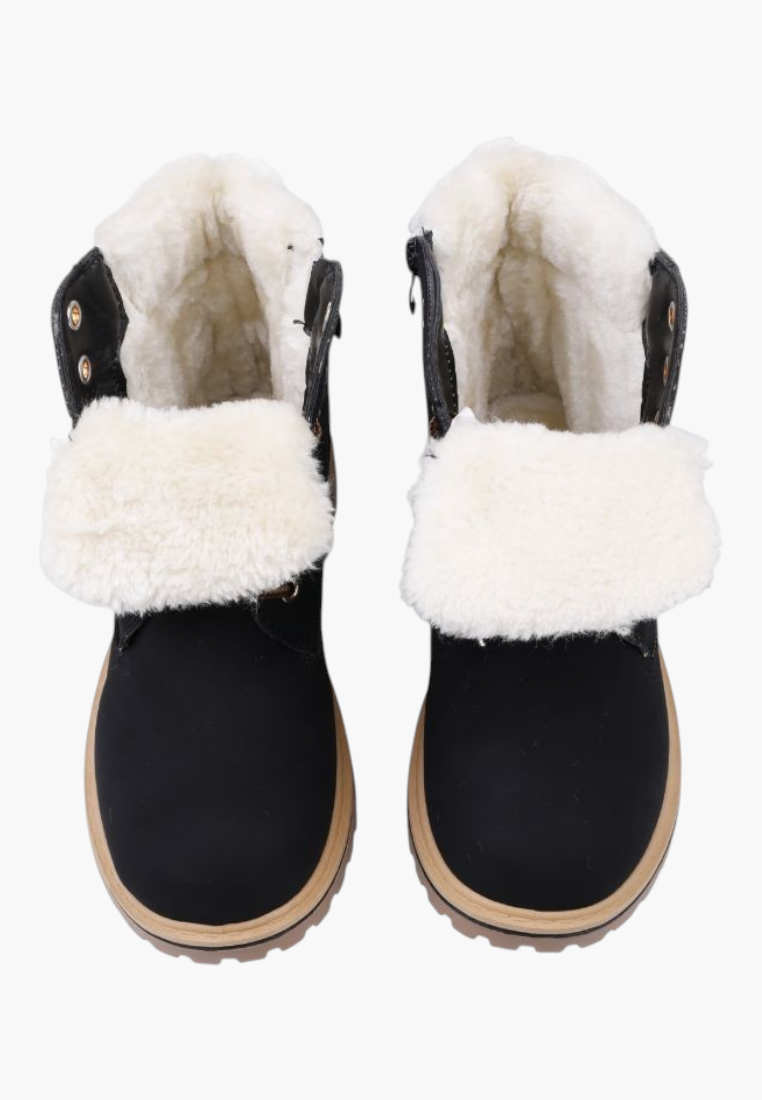Falio women's black synthetic nubuck winter boots with white faux fur lining and thick lug soles