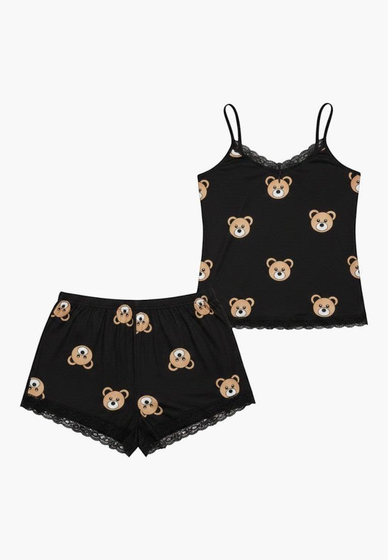 Falio black cotton pajama set with teddy bear print, lace trim, cami top and shorts. Comfortable loungewear.