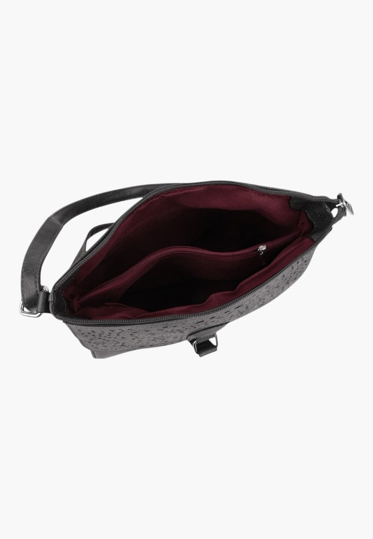 Falio black textured crossbody bag with a deep red interior lining and secure zipper closure