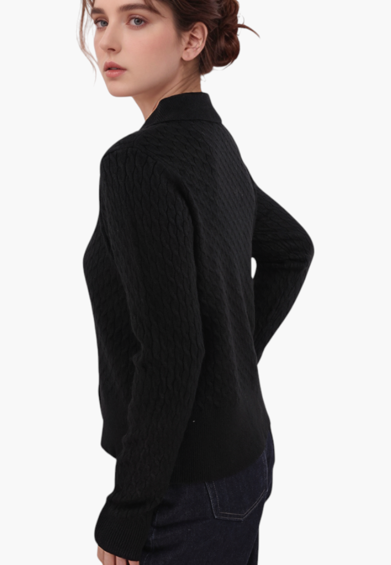 Falio black women's sweater with a round neckline and textured knit pattern worn by a model