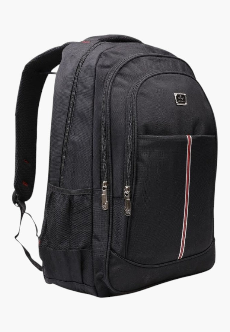 Falio black 30L unisex urban backpack with multiple zippered compartments and side mesh pockets for daily travel.