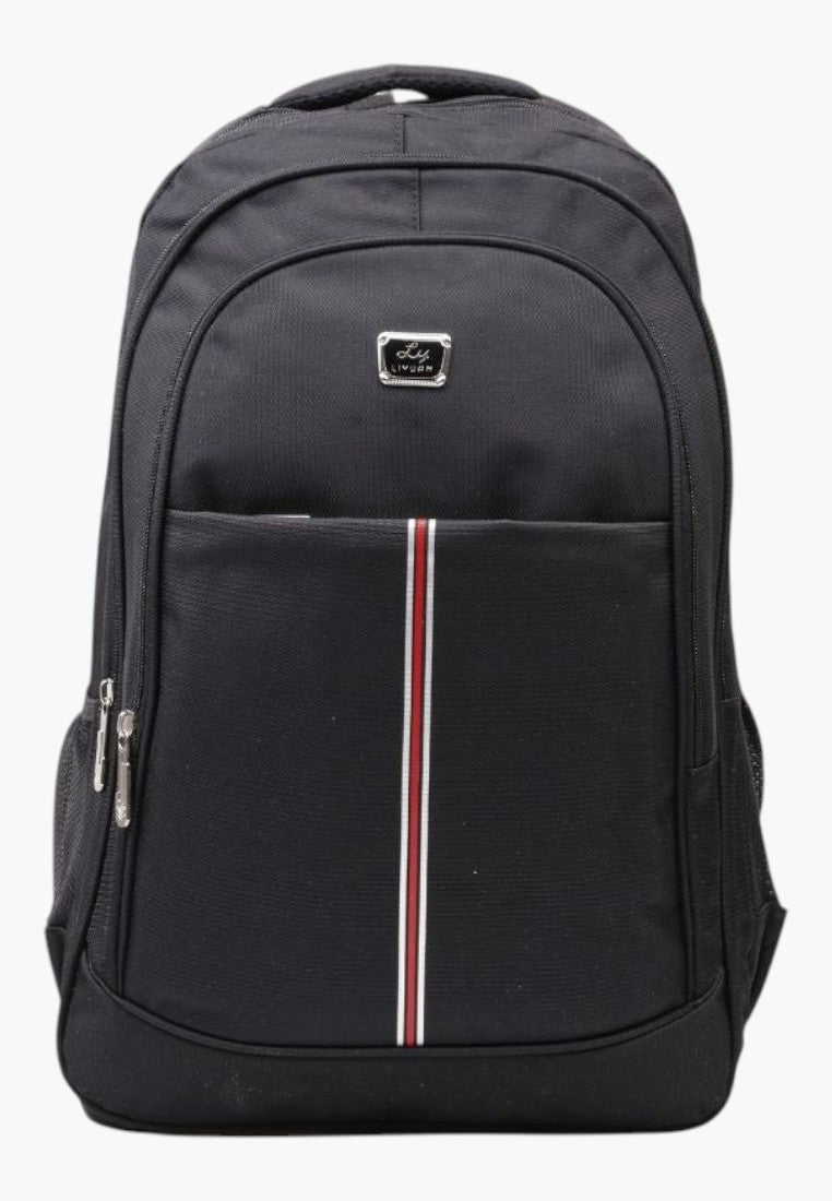 Falio 30L black unisex urban backpack with multiple compartments, durable fabric, and a vertical red and white stripe.