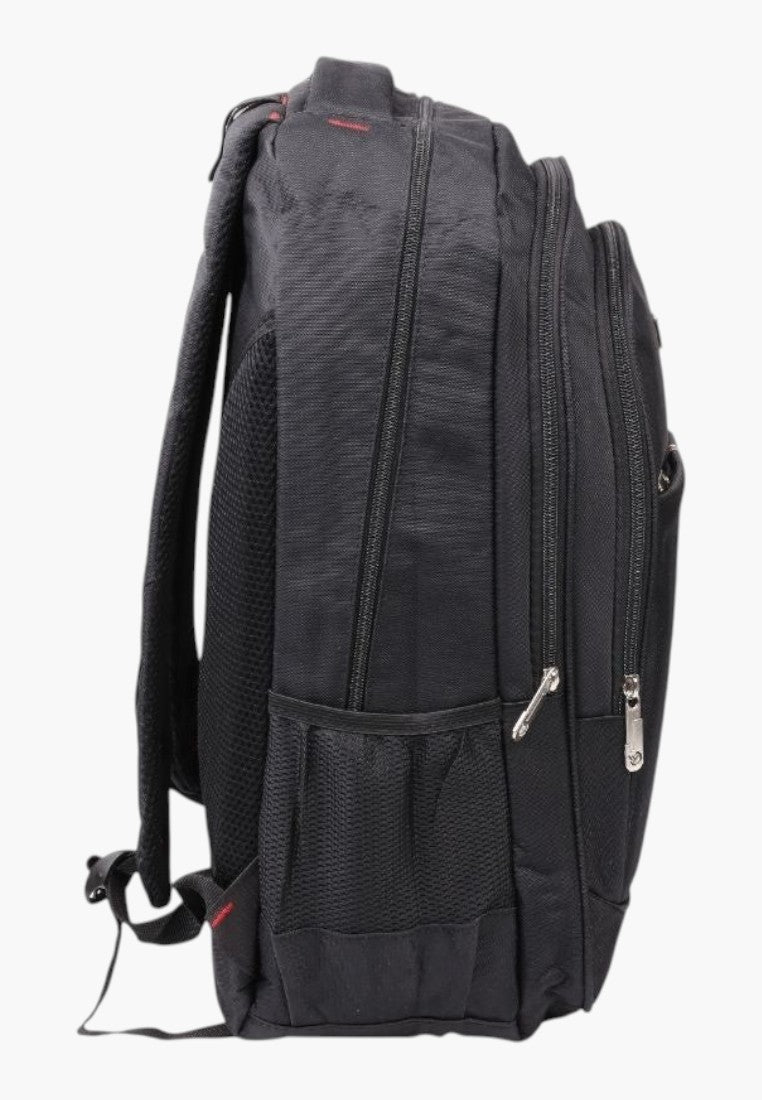 Falio 30L black unisex urban backpack with multiple zippered compartments and side mesh pockets, side view.