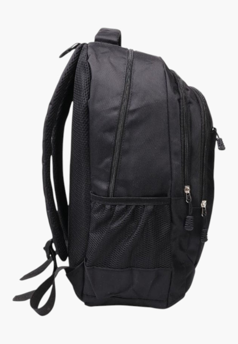 Falio black 29-liter urban backpack with multiple compartments and side mesh pockets, side view