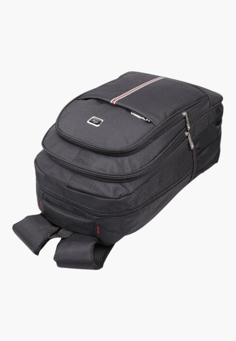 Falio unisex 30L black urban backpack with multiple zippered compartments and a minimalist design.