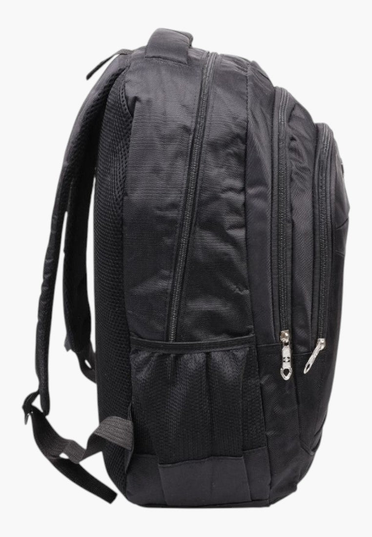 Falio black 30L urban backpack with multiple zippered compartments and side mesh pockets, side view