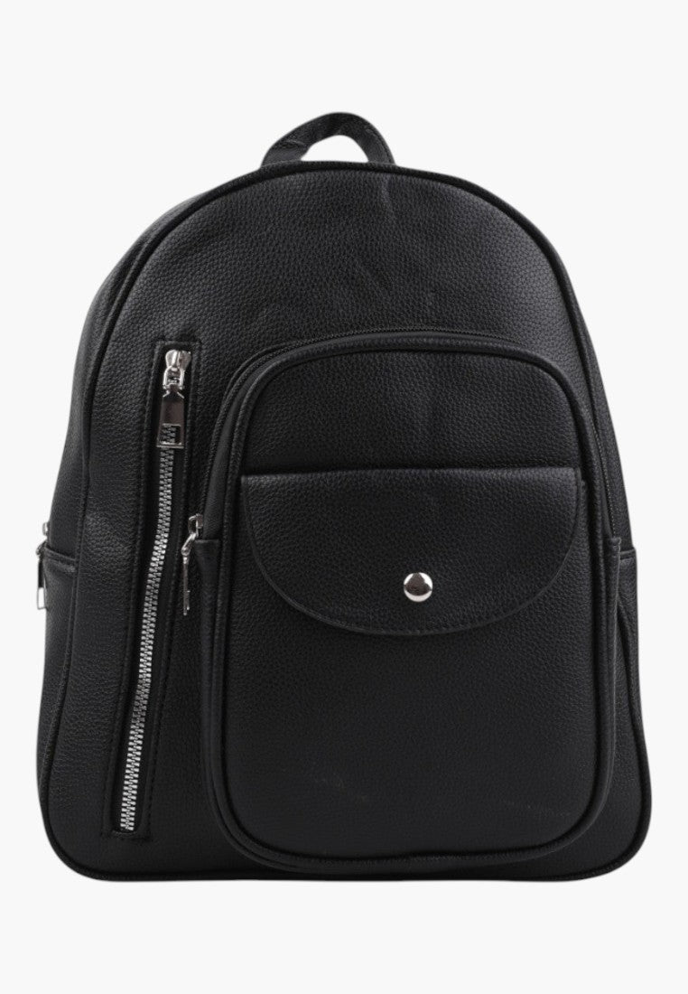 Falio elegant black urban women's backpack with a textured finish, front zipper pocket, and snap button flap.