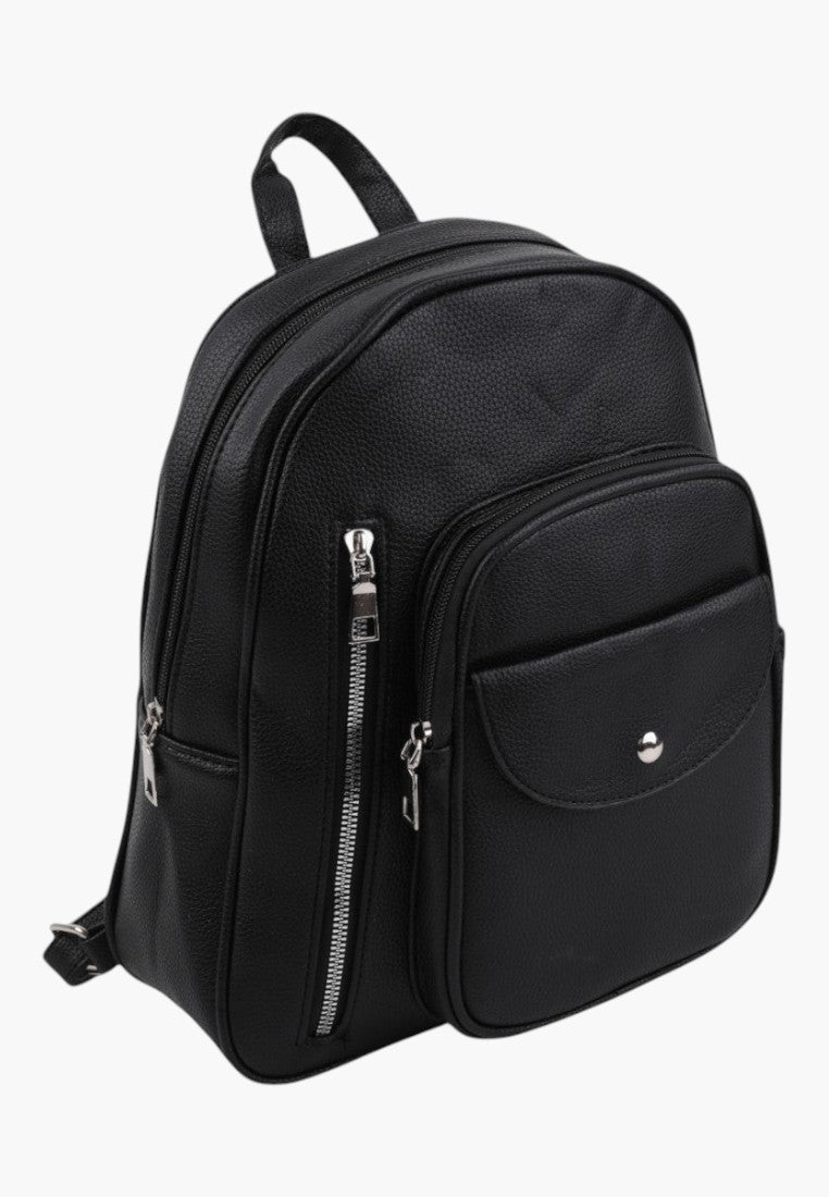 Falio elegant black urban women's backpack with a textured finish, front zipper pocket, and silver hardware.