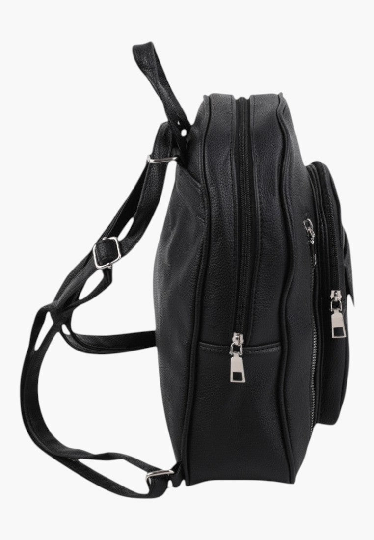 Falio elegant black urban women's backpack with side view showing adjustable straps and zippered compartments