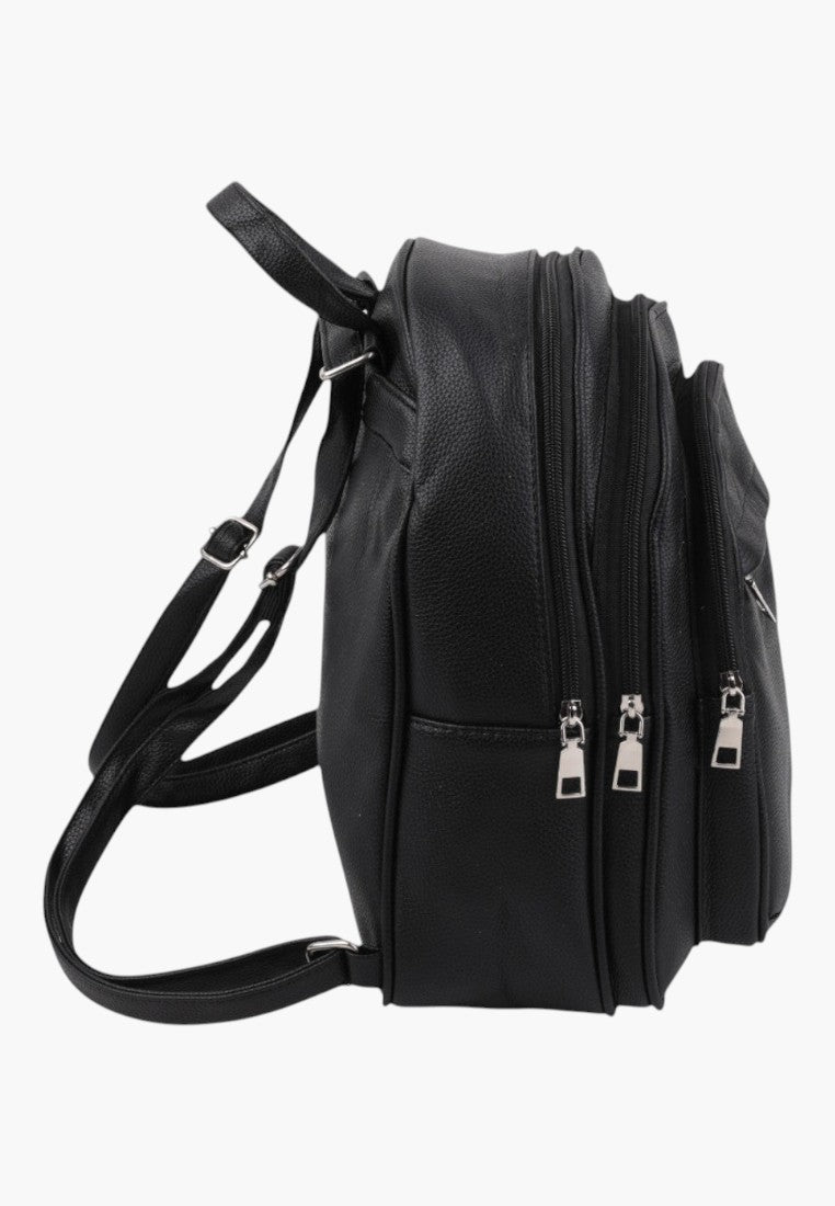 Falio black urban women's backpack with multiple zippered compartments, side view showing adjustable straps.